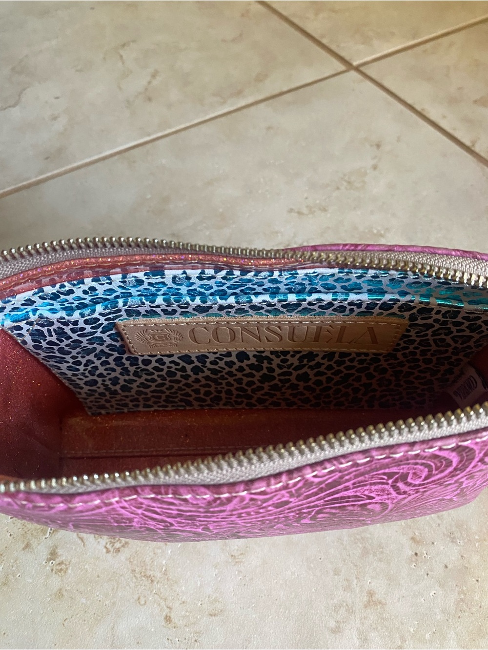 Consuela Mena Fuchsia Tooled Leather Midtown Crossbody Bag with Leather Trim - Picture 9 of 9